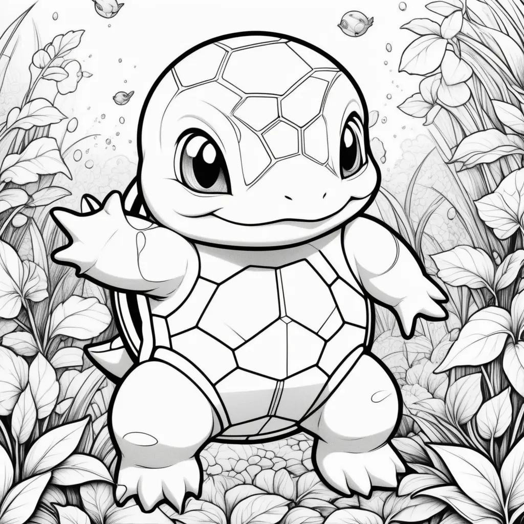 black and white coloring page of a Squirtle with a flower and leaves in the background