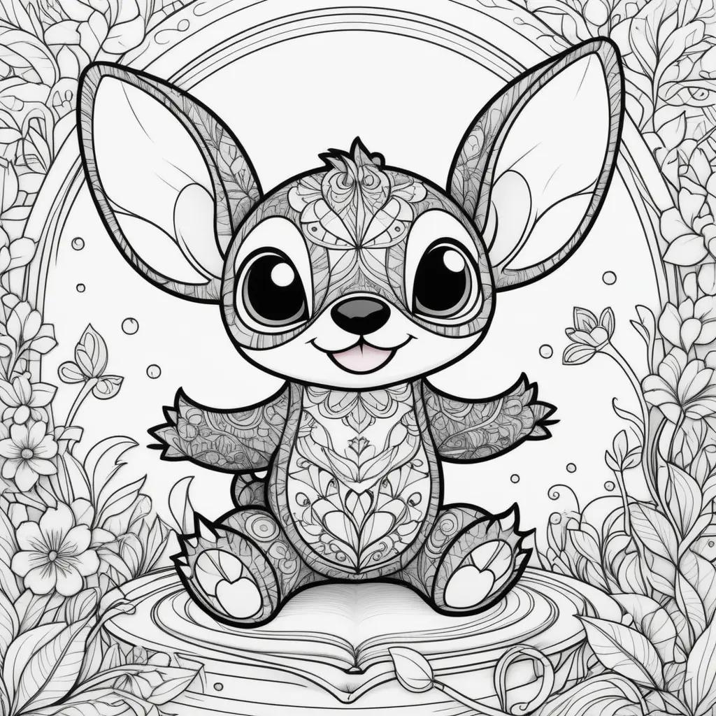 black and white coloring page of a Stitch character