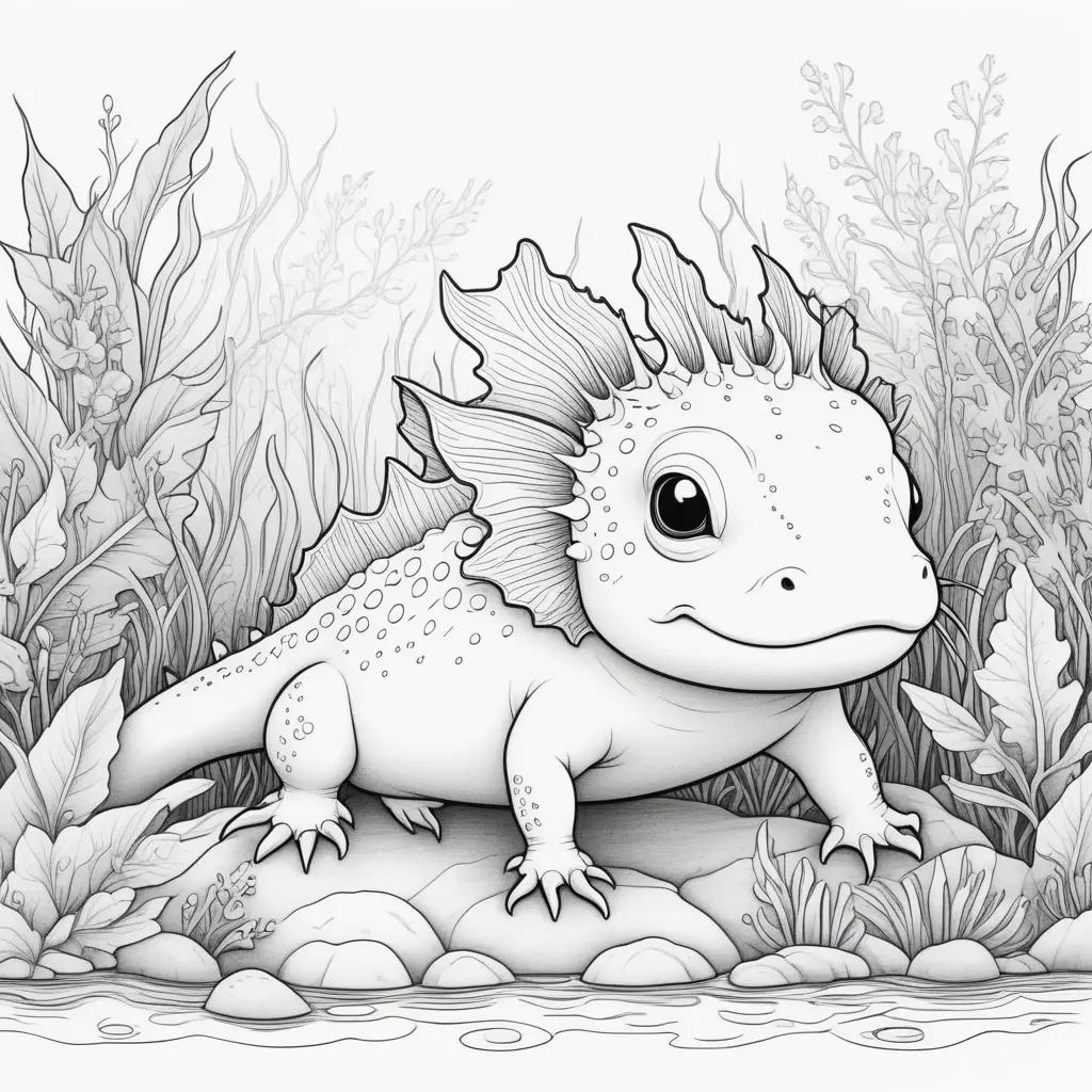 black and white coloring page of a axolotl with a leaf on its head