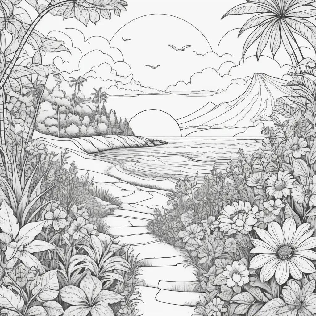 black and white coloring page of a beach scene