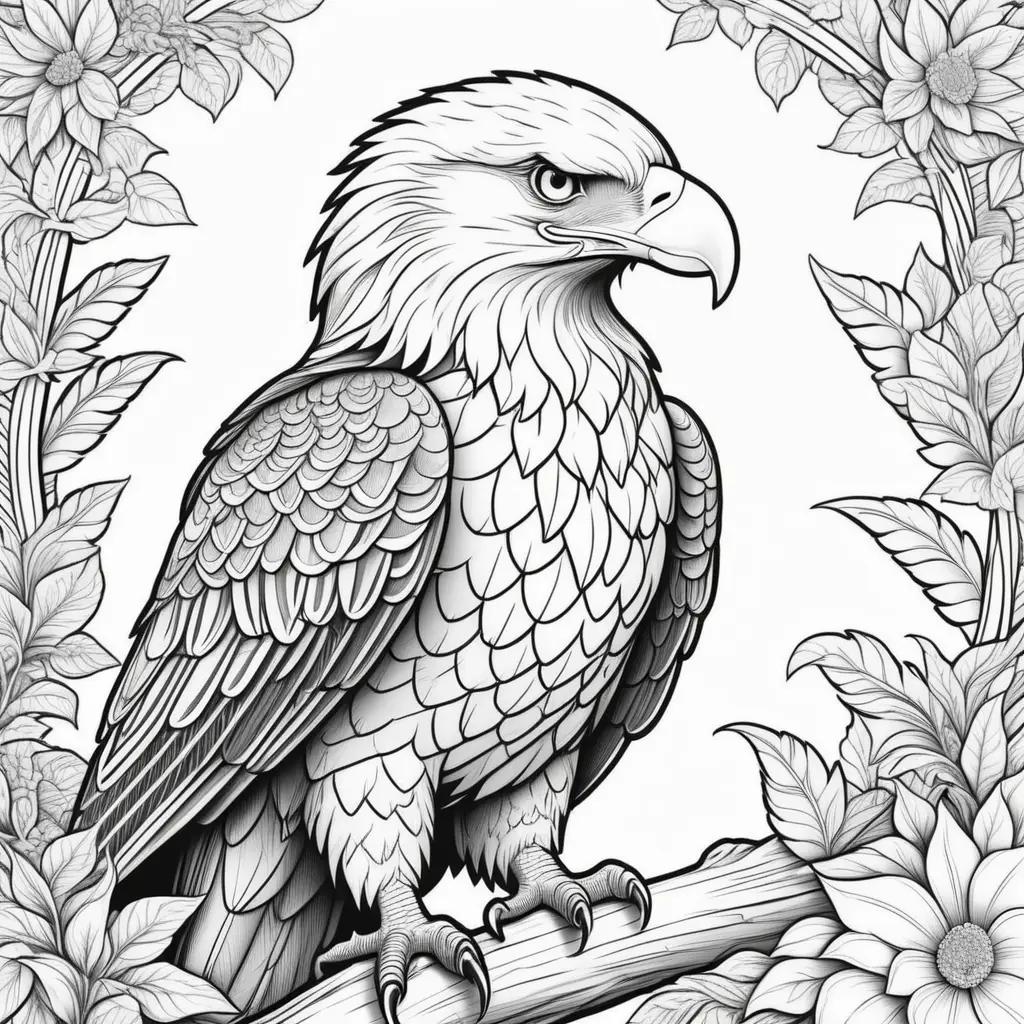 black and white coloring page of a bird with a flower background