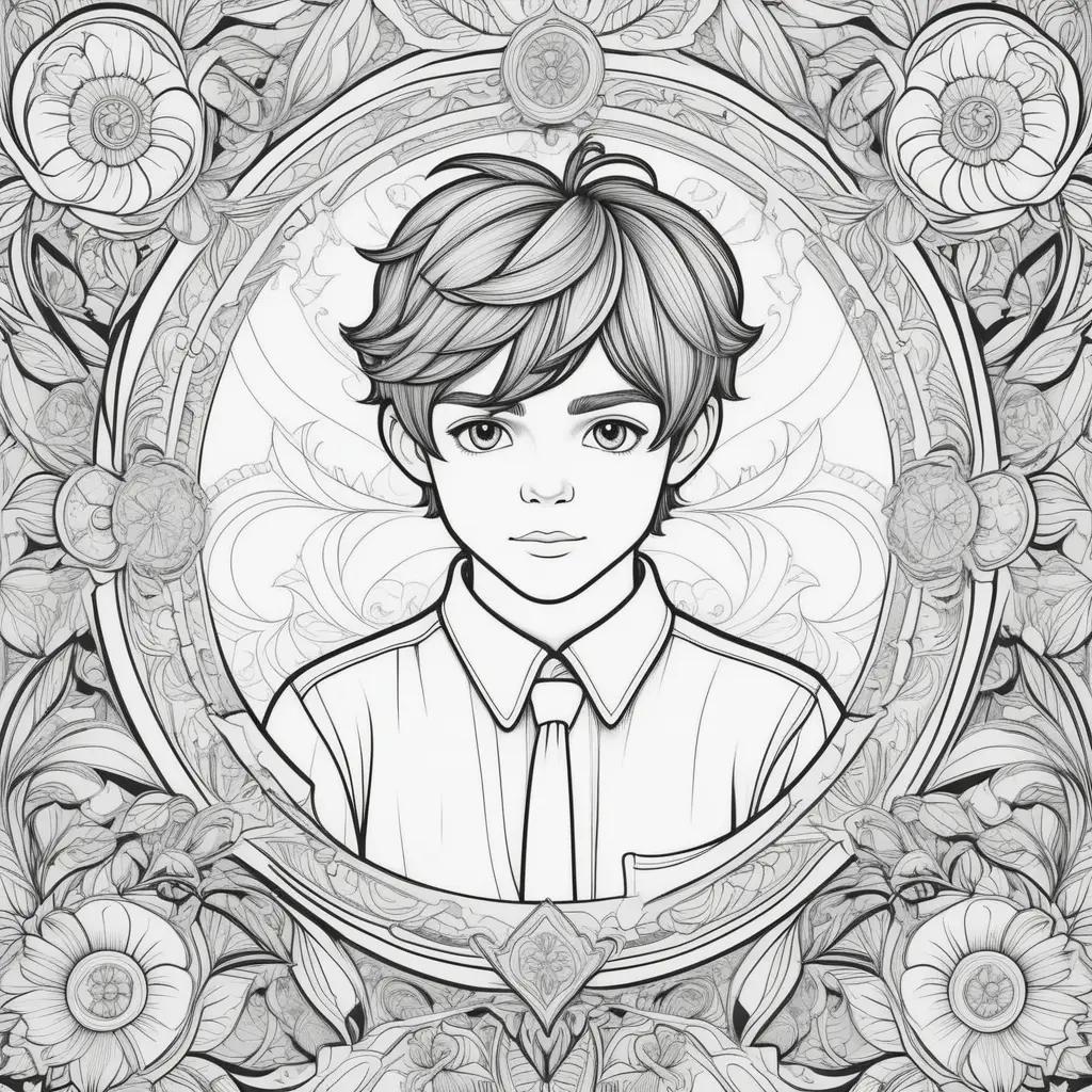 black and white coloring page of a boy with a tie and bow tie