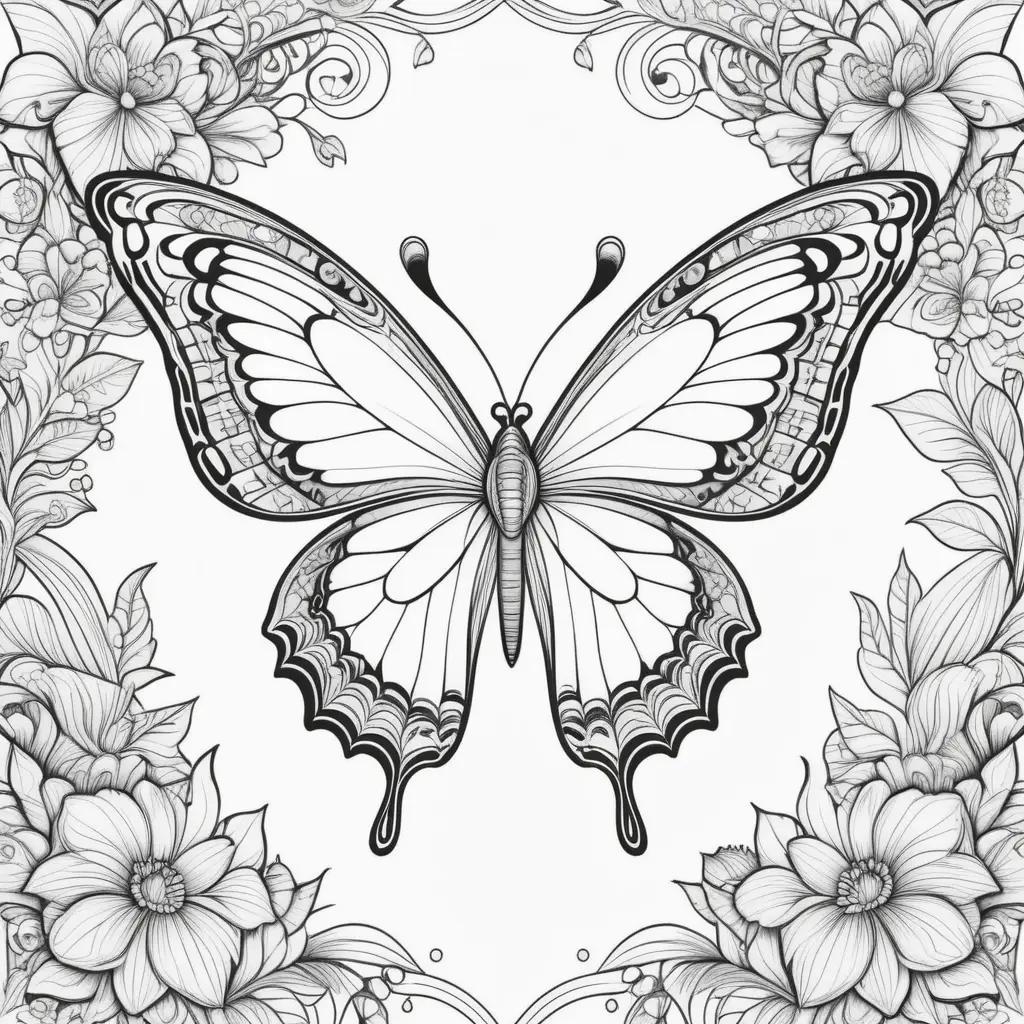 black and white coloring page of a butterfly surrounded by flowers