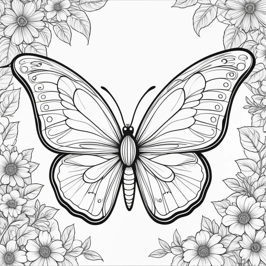 black and white coloring page of a butterfly with flowers