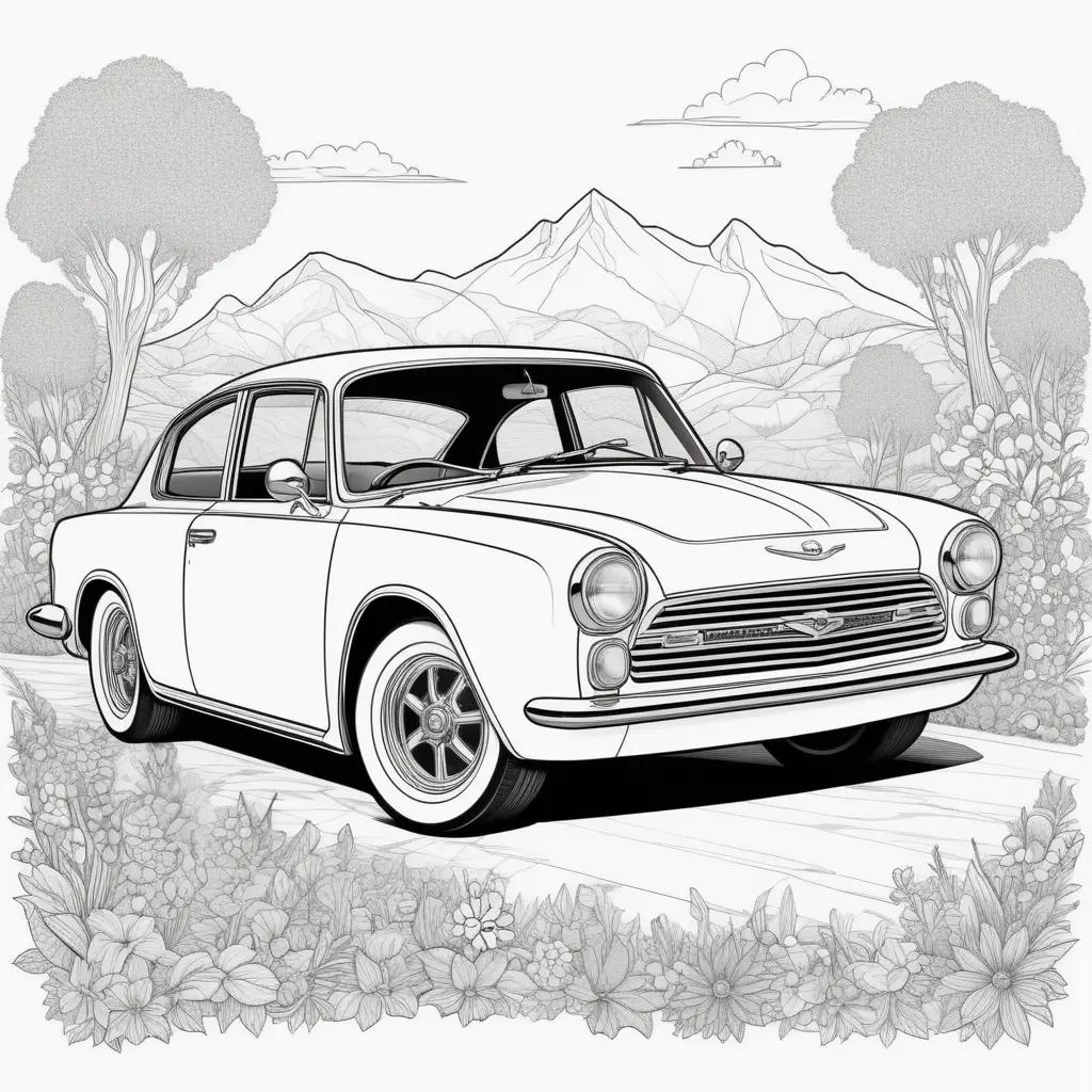 black and white coloring page of a car on a road