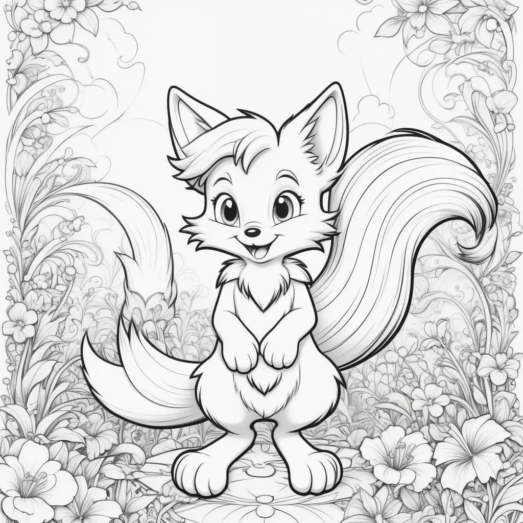 black and white coloring page of a cartoon animal with long tails