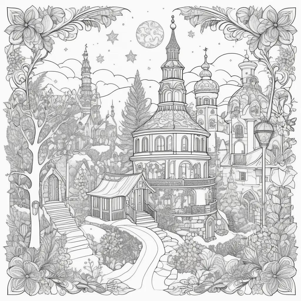 black and white coloring page of a castle