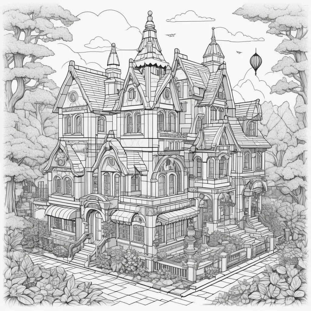 black and white coloring page of a castle with a balloon in the sky