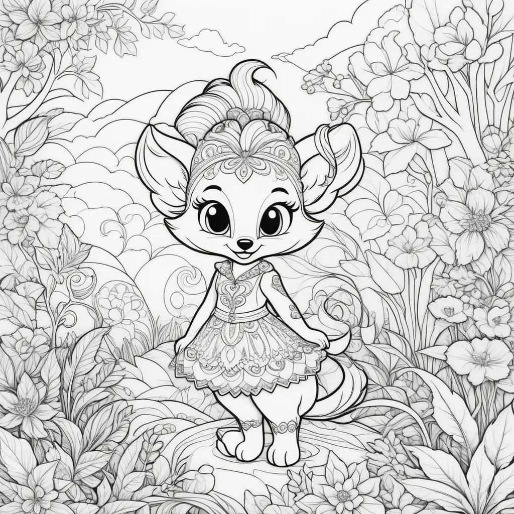 black and white coloring page of a cat in a flower garden