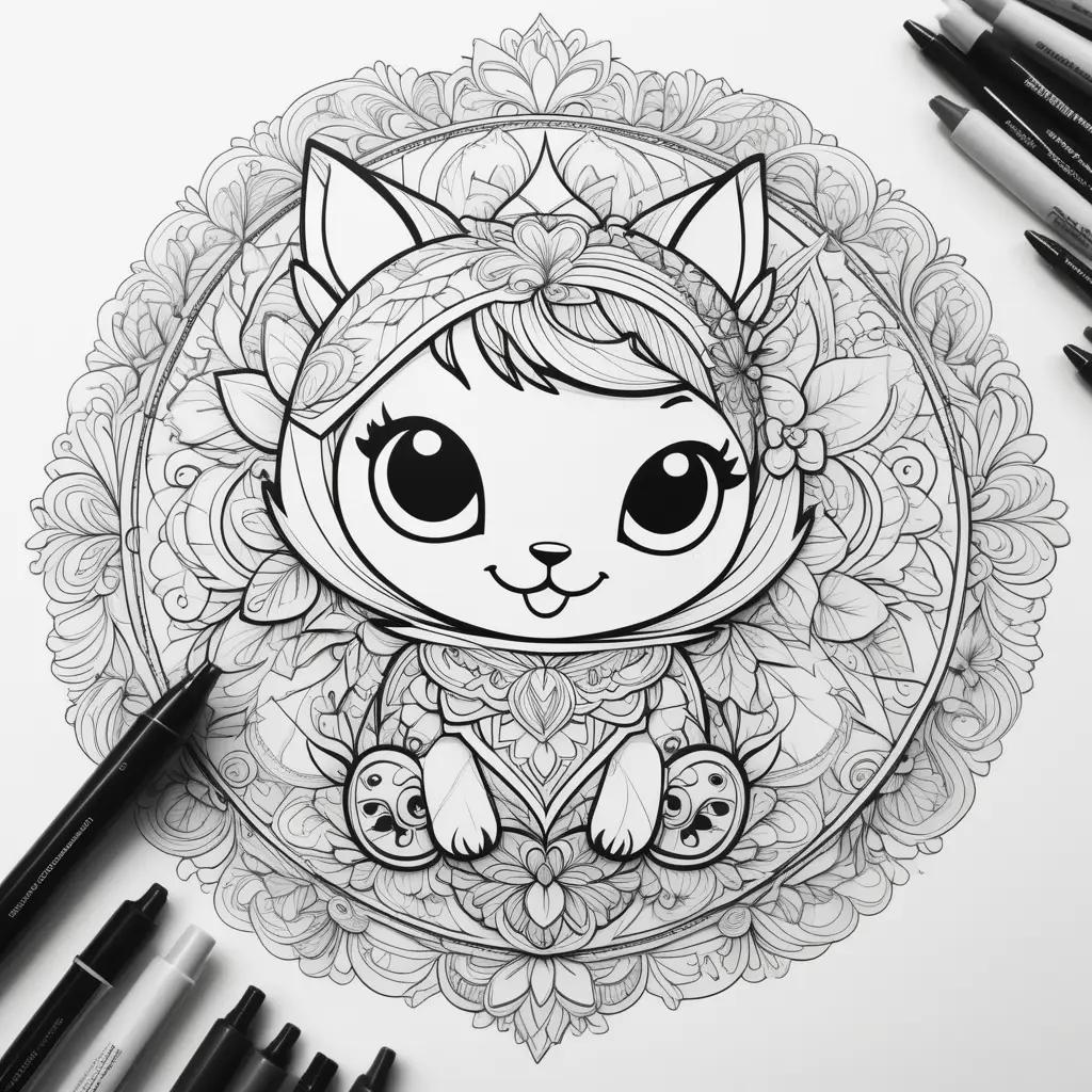 black and white coloring page of a cat with a flower