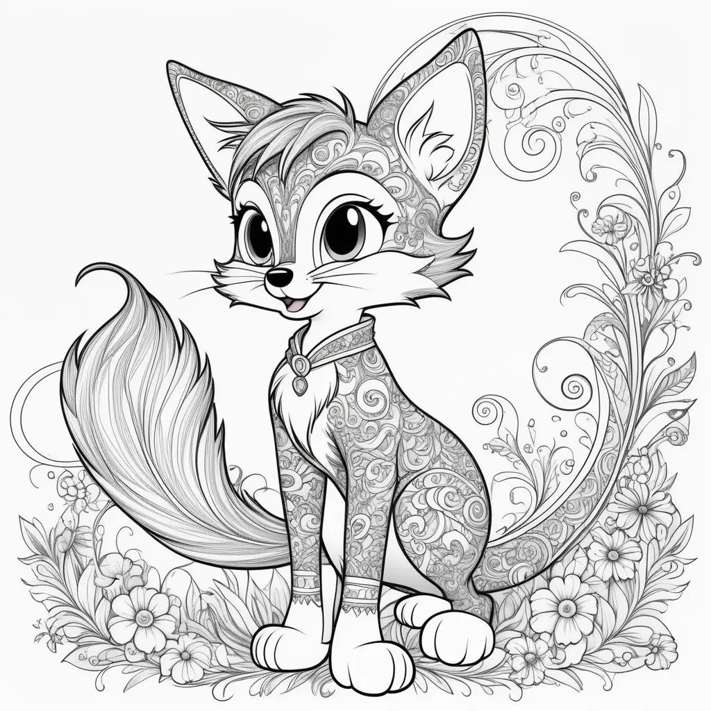 black and white coloring page of a cat with colorful tails