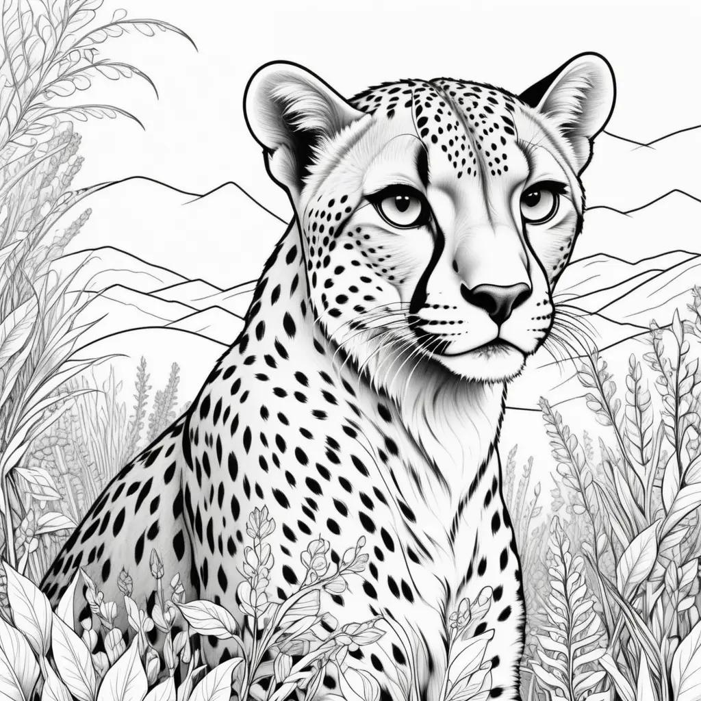 black and white coloring page of a cheetah in a field