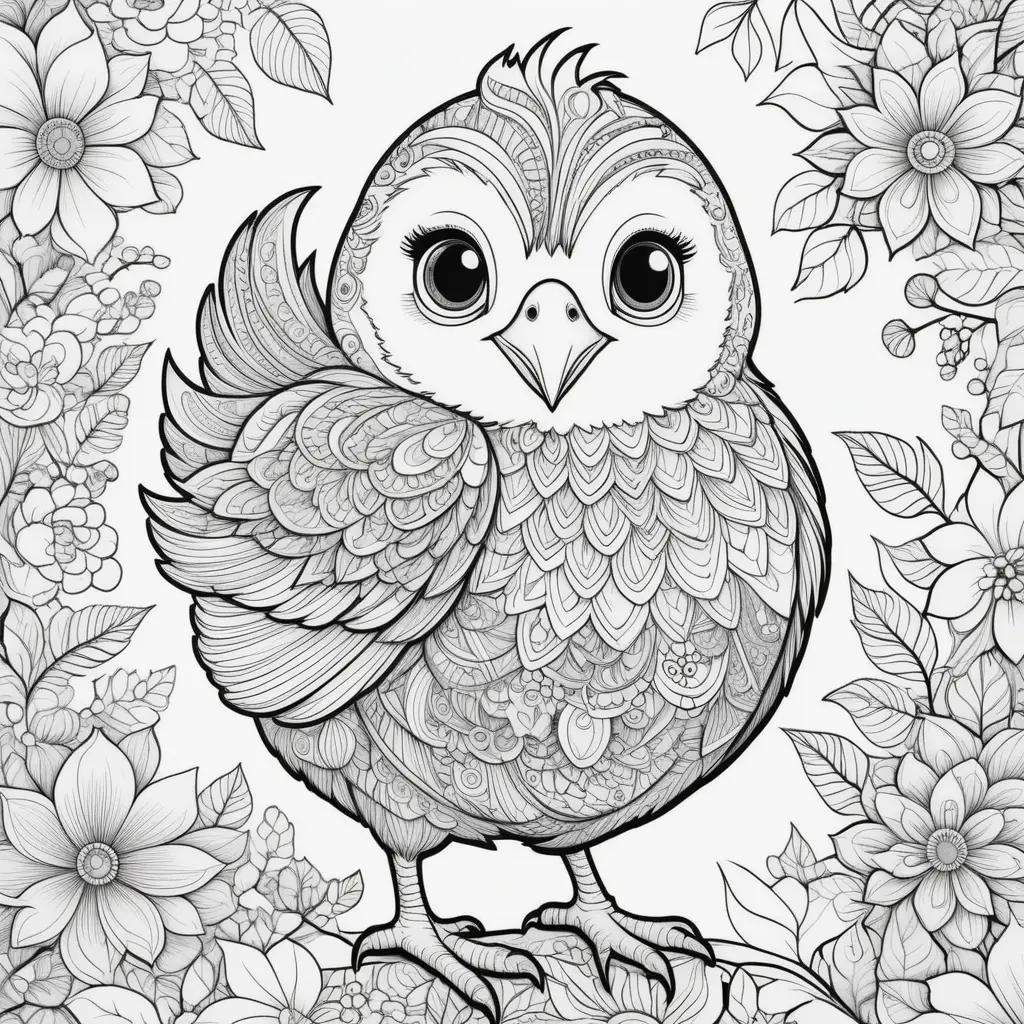 black and white coloring page of a chick with floral background