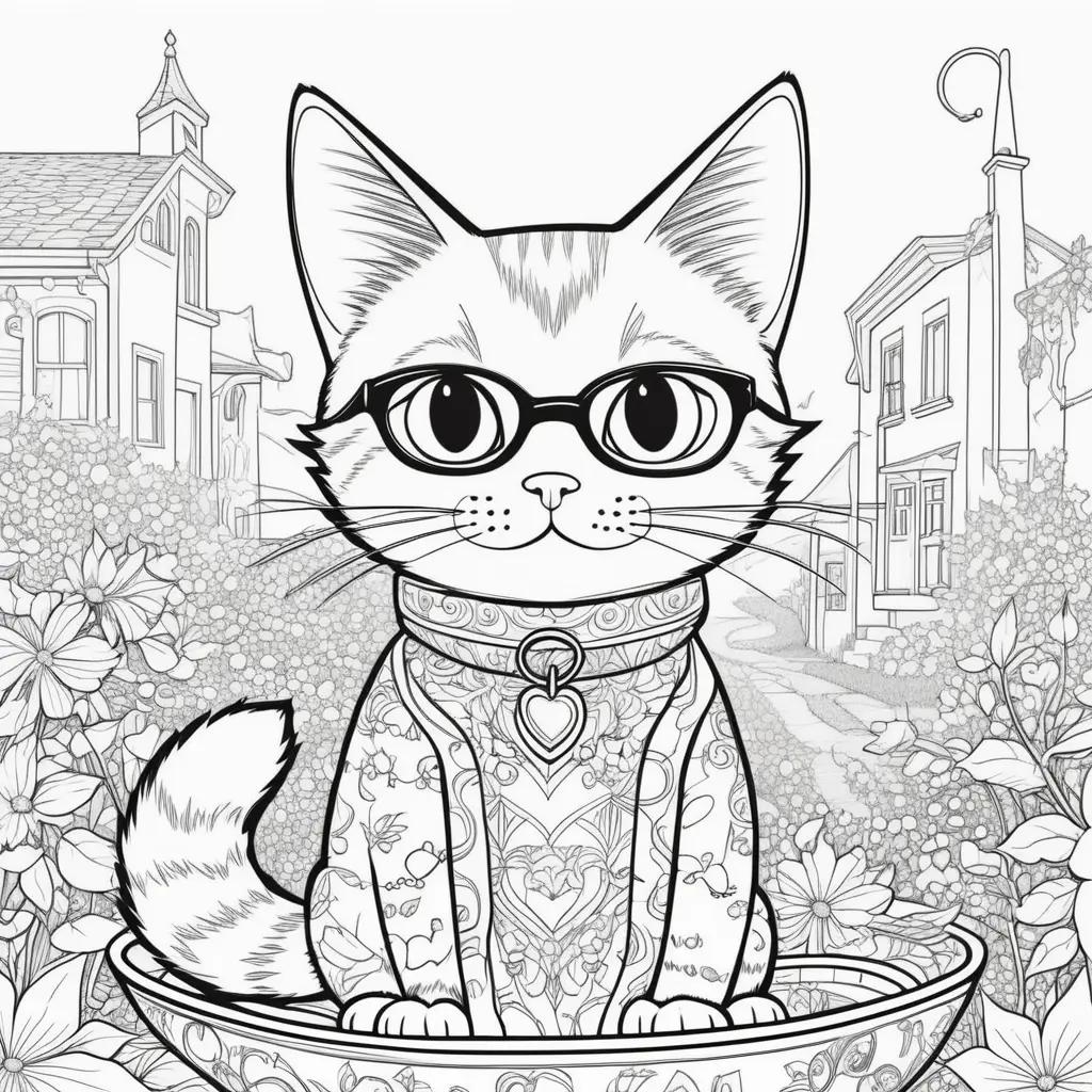 black and white coloring page of a cute cat wearing glasses