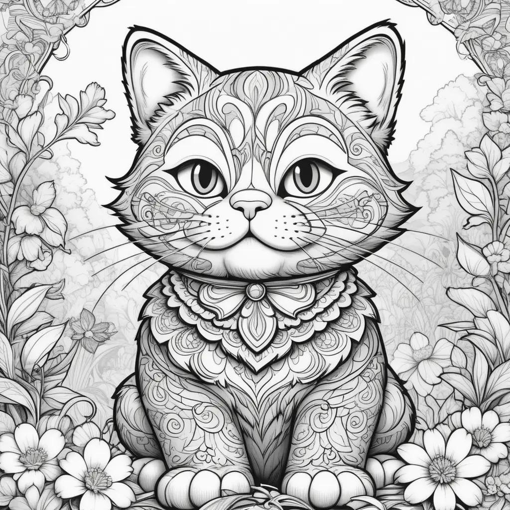 black and white coloring page of a cute cat with flowers