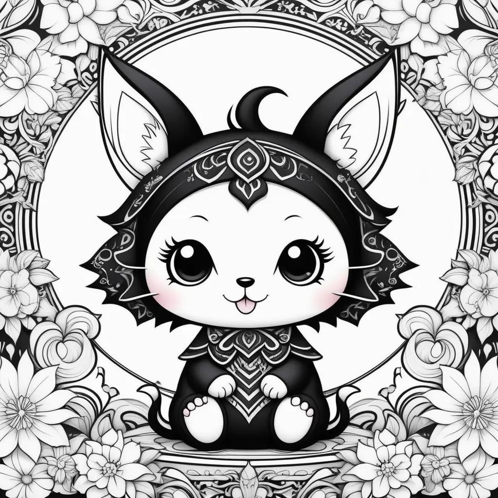 black and white coloring page of a cute kuromi