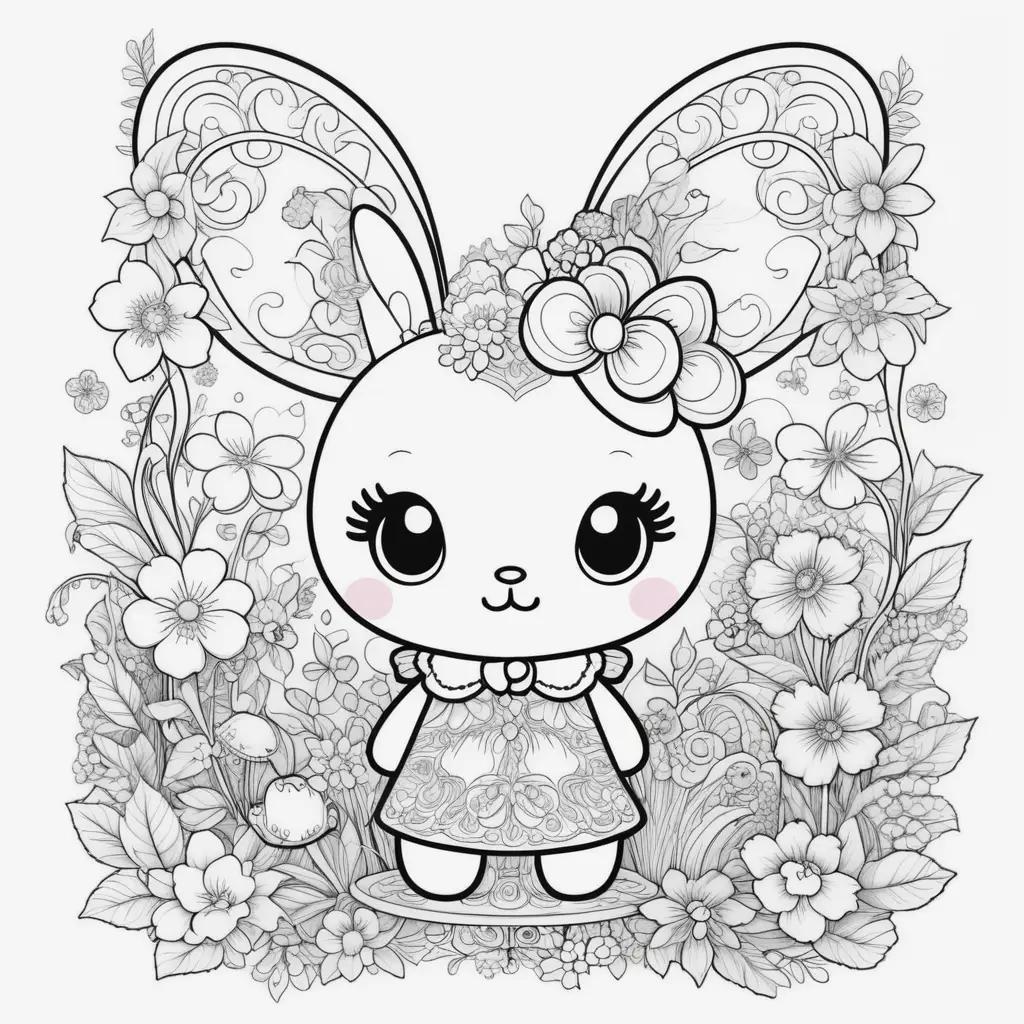 black and white coloring page of a cute rabbit with a bow