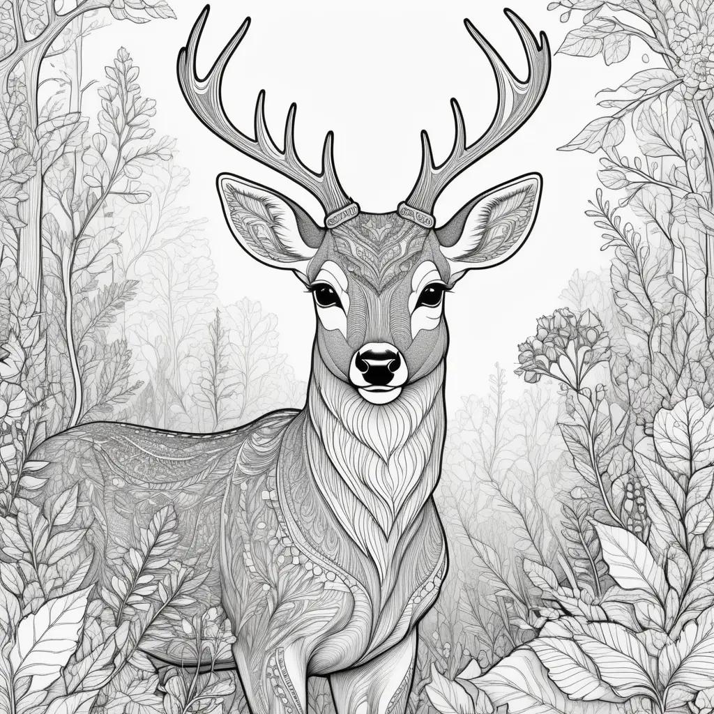 black and white coloring page of a deer in a forest