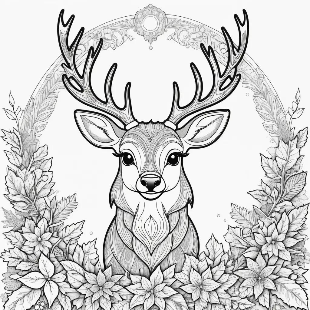 black and white coloring page of a deer with antlers