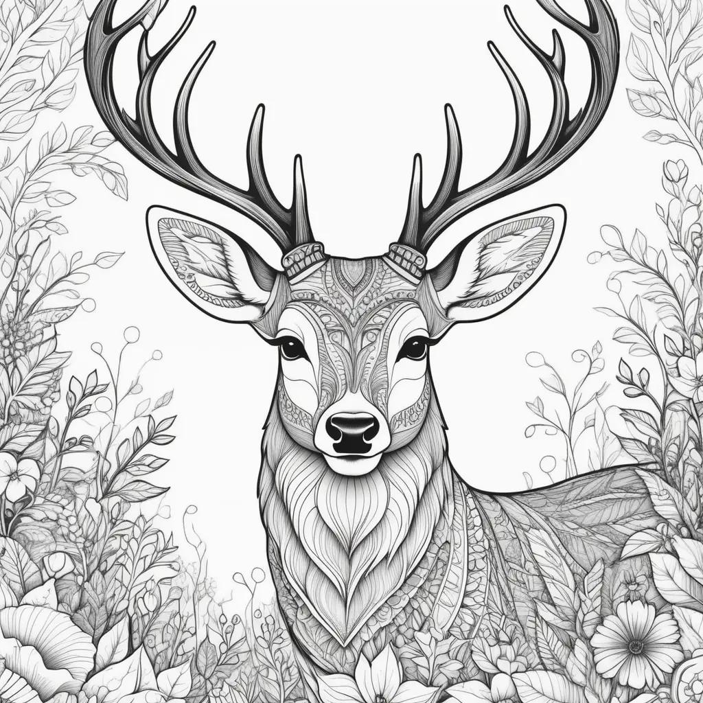 black and white coloring page of a deer with antlers and flowers