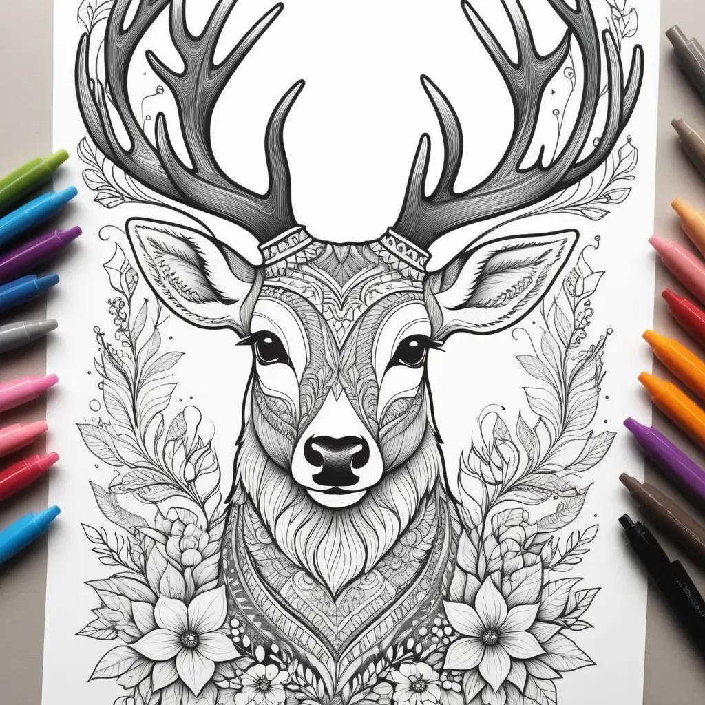 black and white coloring page of a deer with flowers and a crown