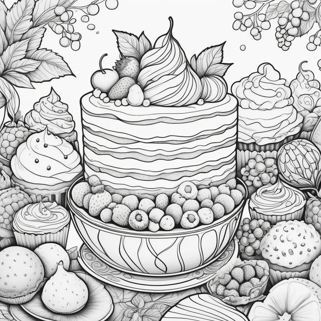 black and white coloring page of a dessert with fruit