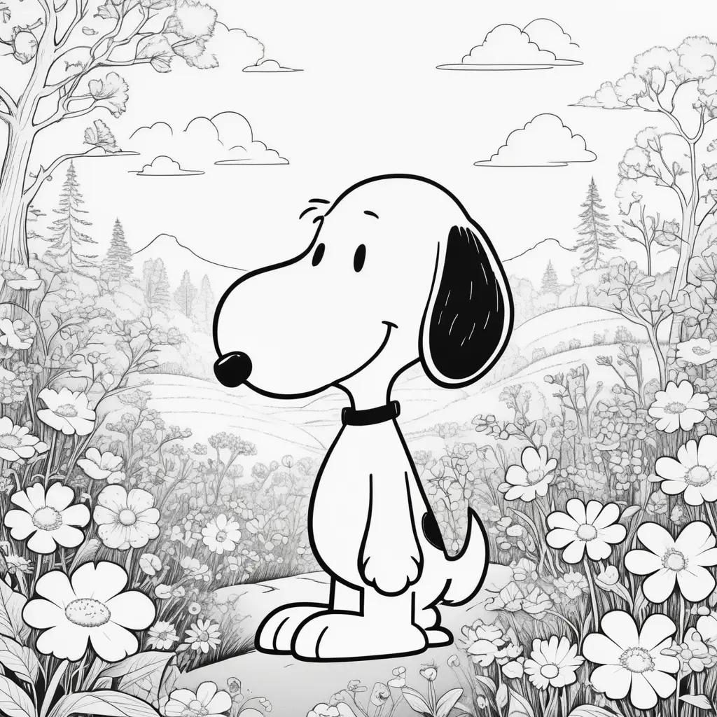 black and white coloring page of a dog in a field