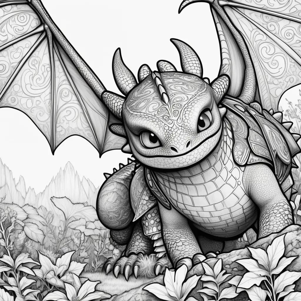 black and white coloring page of a dragon with a mountain in the background