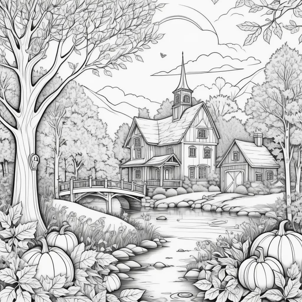 black and white coloring page of a fall scene with pumpkins and a bridge