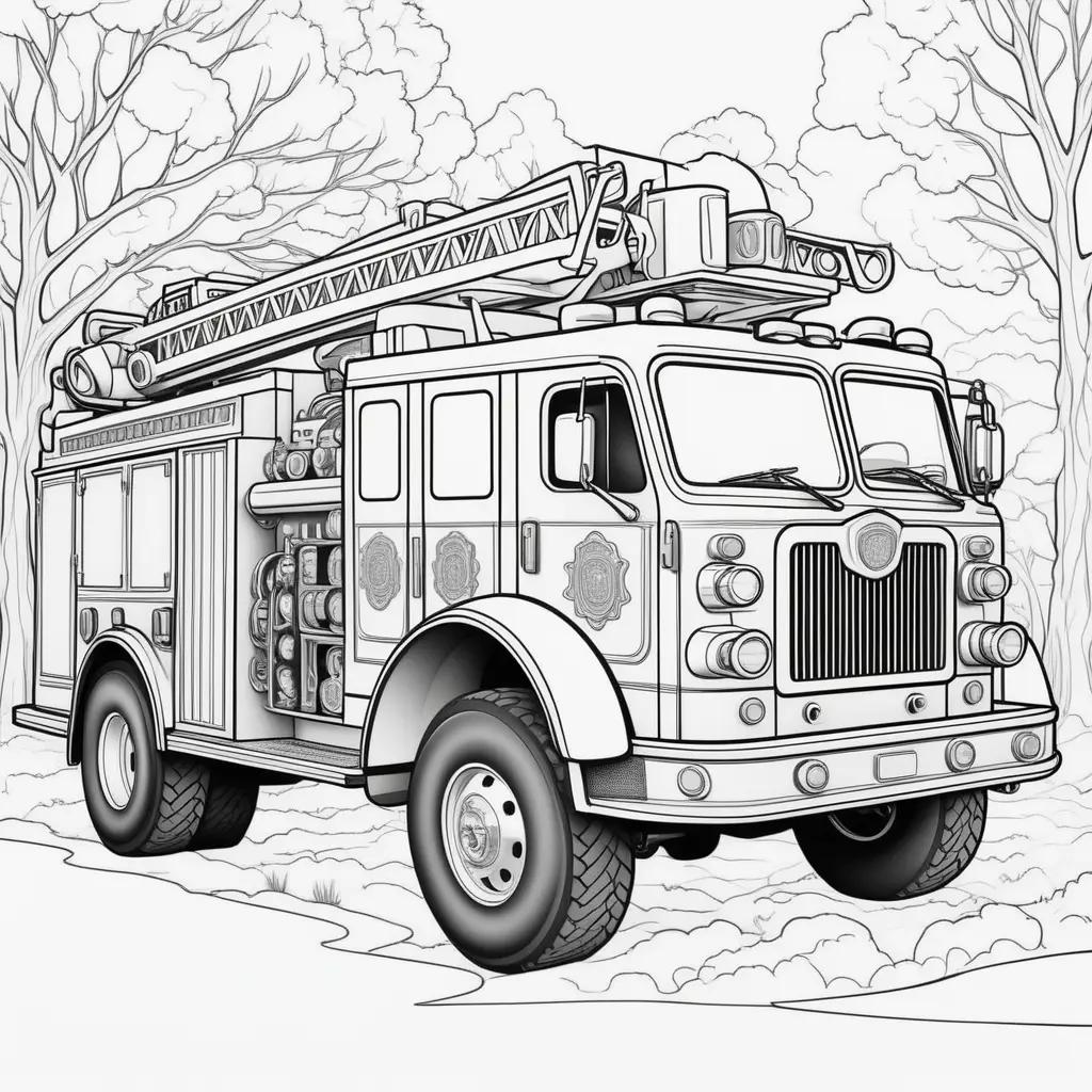 black and white coloring page of a fire truck in a forest