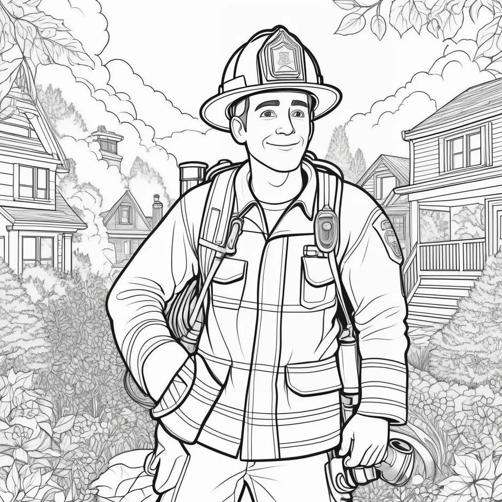 black and white coloring page of a firefighter