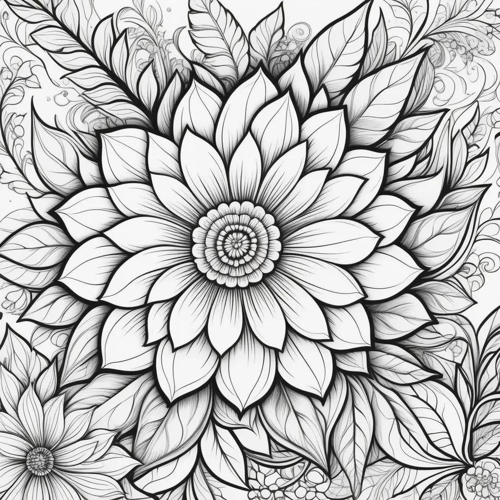black and white coloring page of a flower and leaves