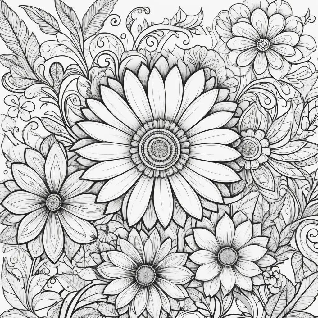 black and white coloring page of a flower with lots of flowers and leaves