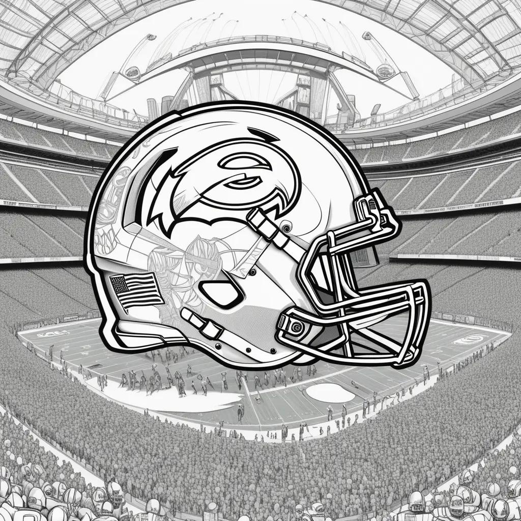 black and white coloring page of a football helmet and stadium