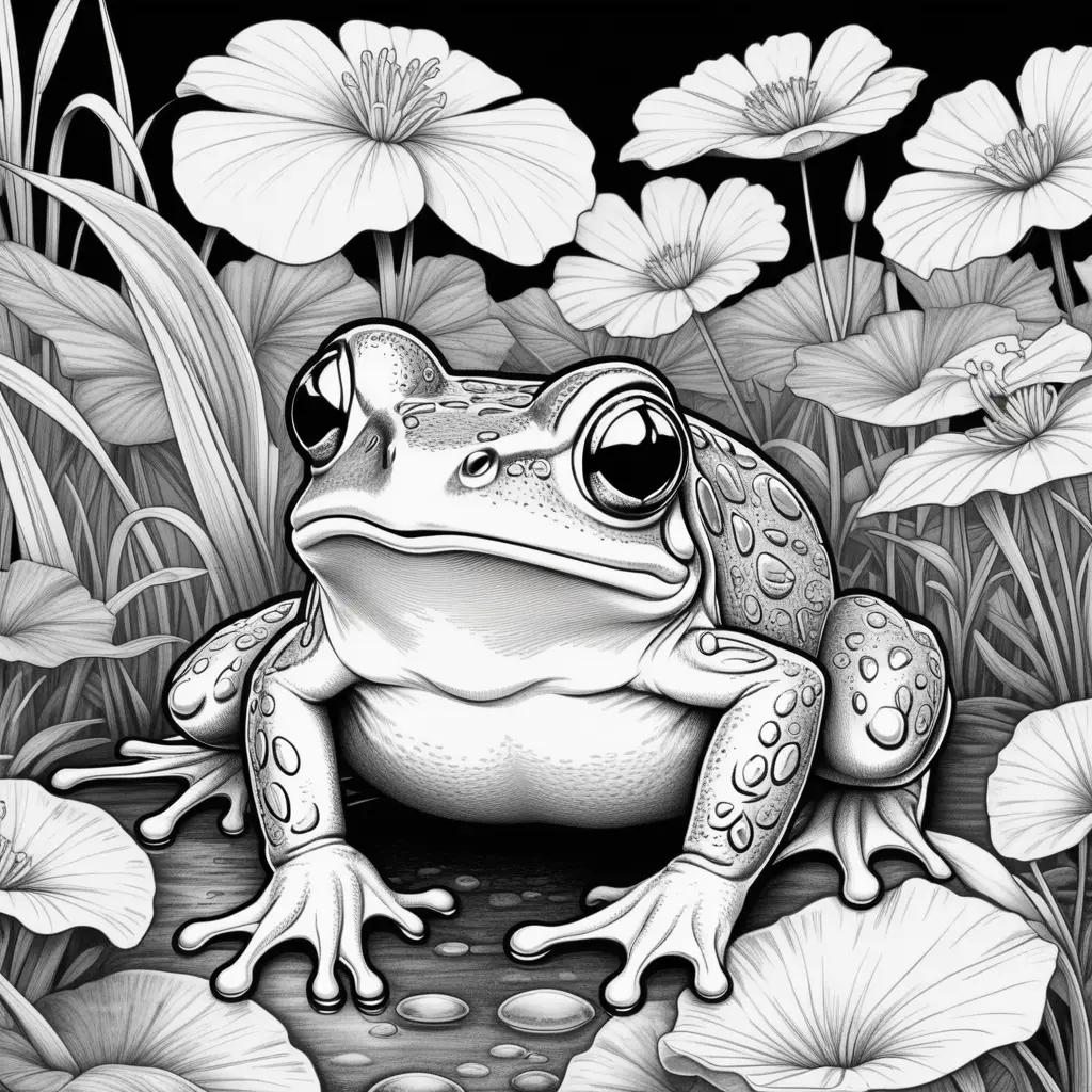 black and white coloring page of a frog with big eyes