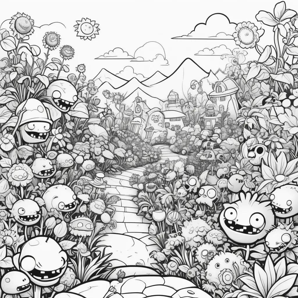 black and white coloring page of a garden filled with plants vs zombies characters