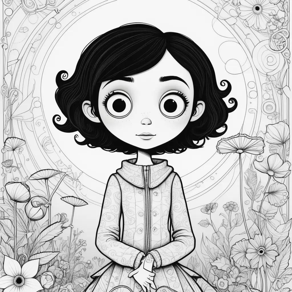 black and white coloring page of a girl in a jacket