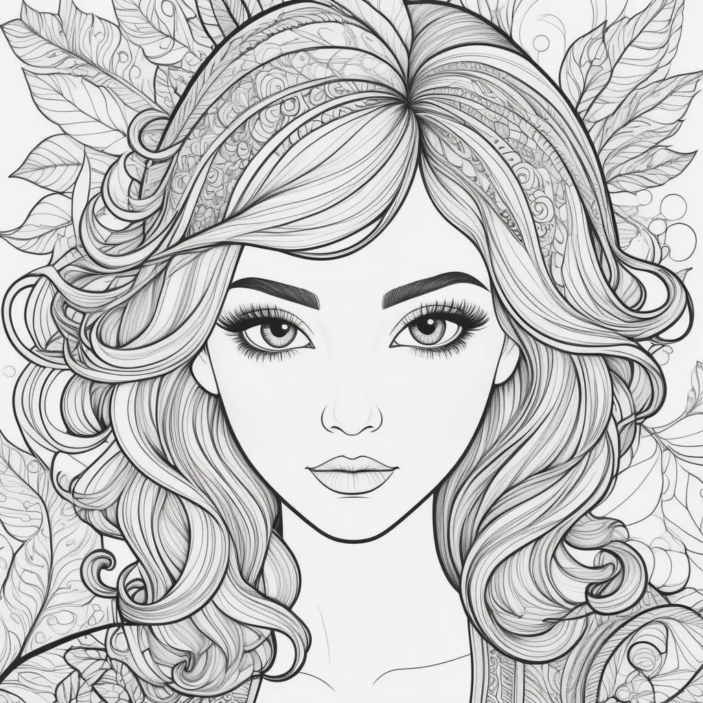 black and white coloring page of a girl with long hair and a bow in her hair