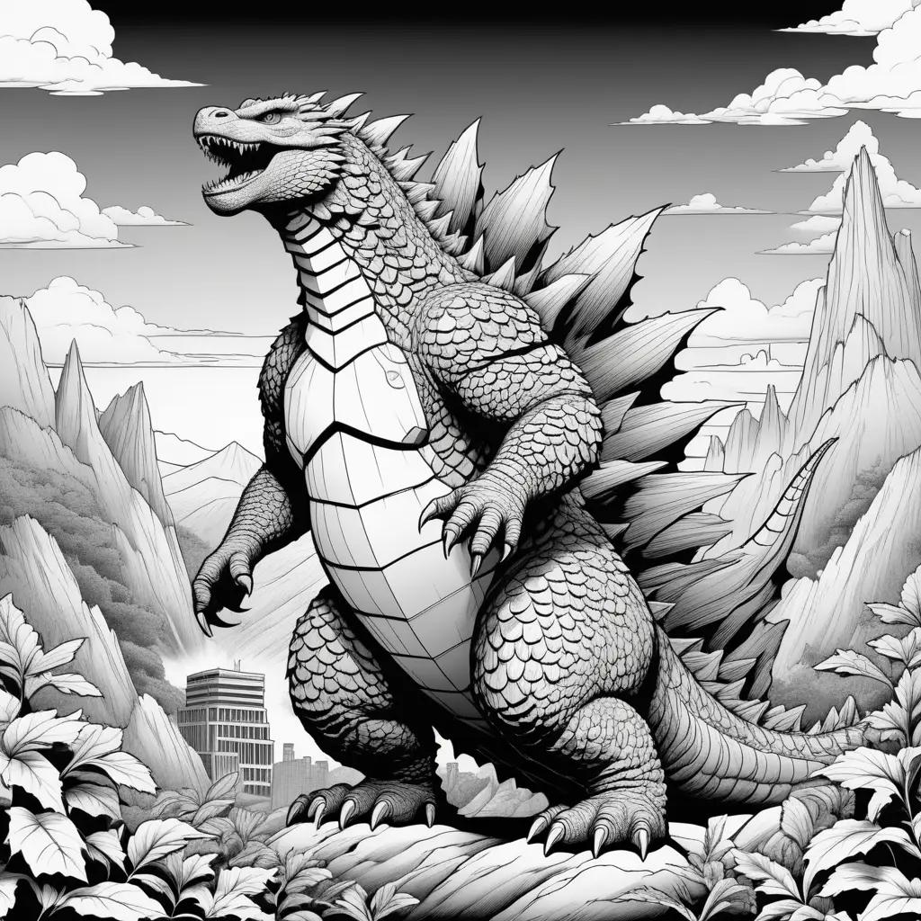 black and white coloring page of a godzilla