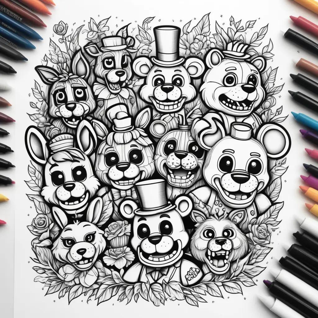 black and white coloring page of a group of cartoon animals