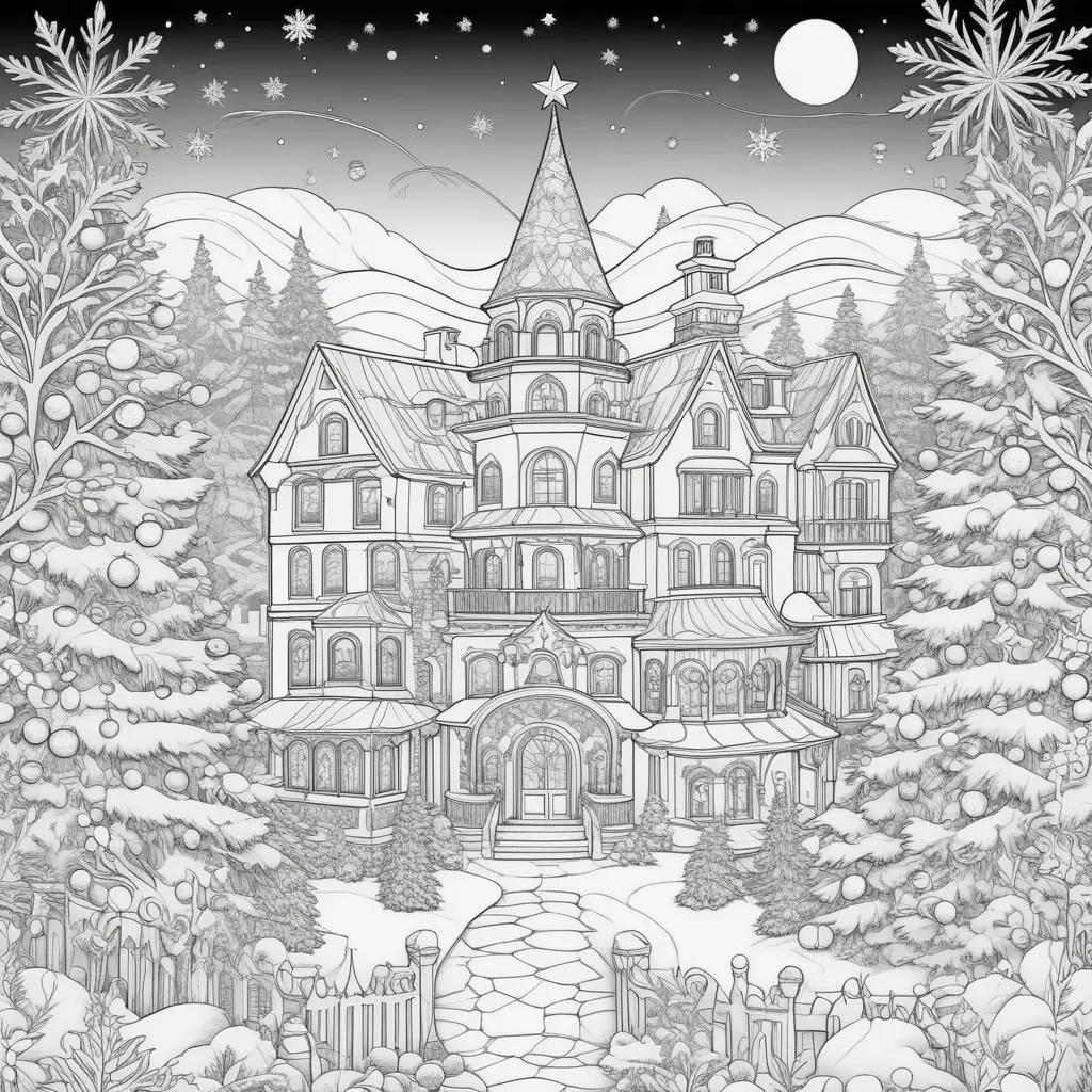 black and white coloring page of a house and trees