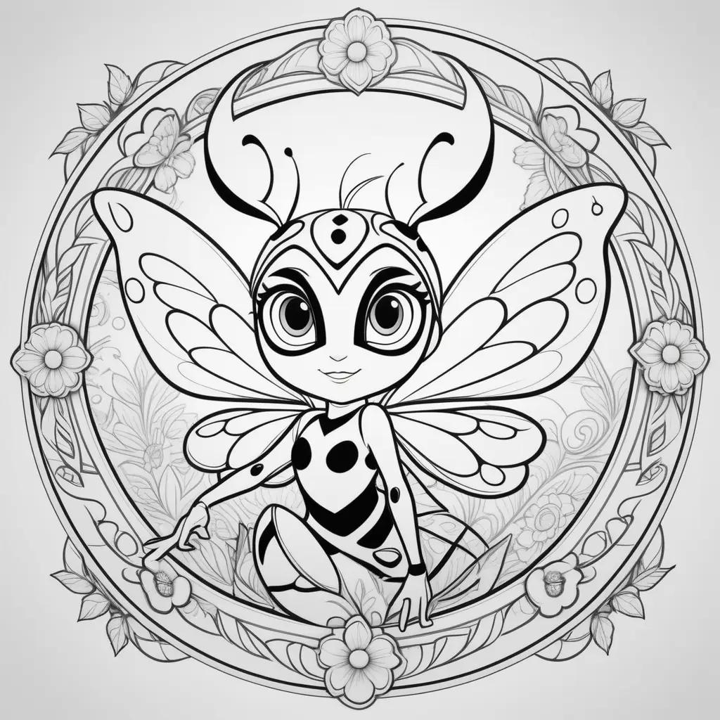 black and white coloring page of a ladybug with a flower and leaves in the background