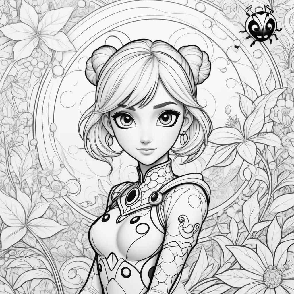 black and white coloring page of a ladybug with a flower background