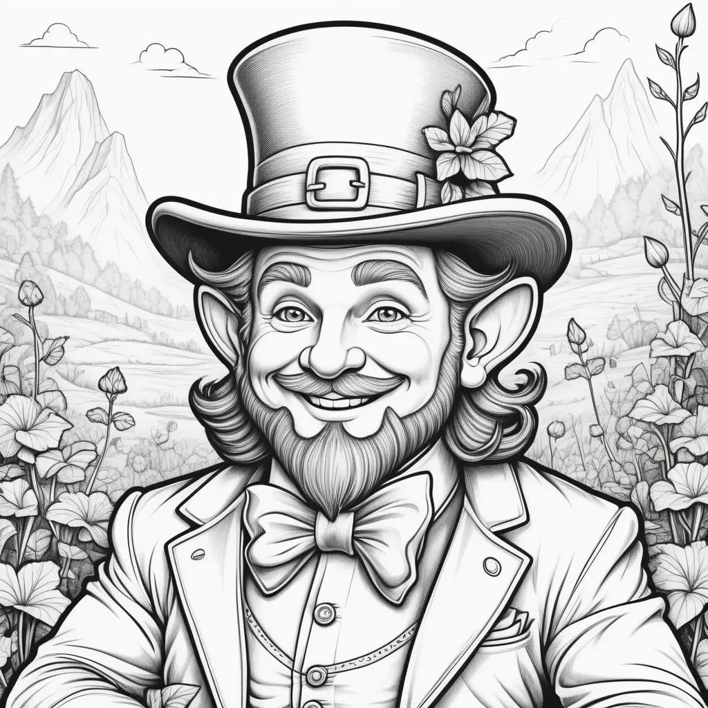 black and white coloring page of a leprechaun with a hat and bowtie