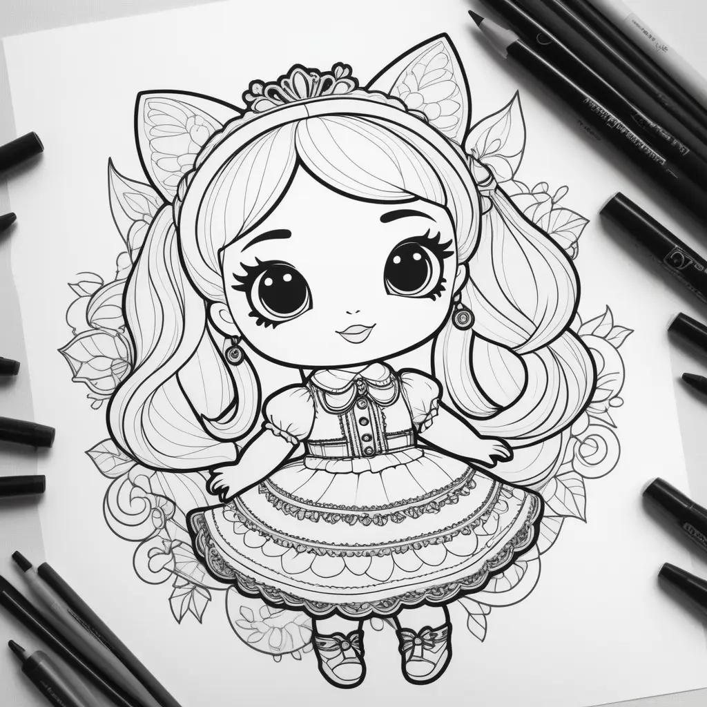 black and white coloring page of a lol doll