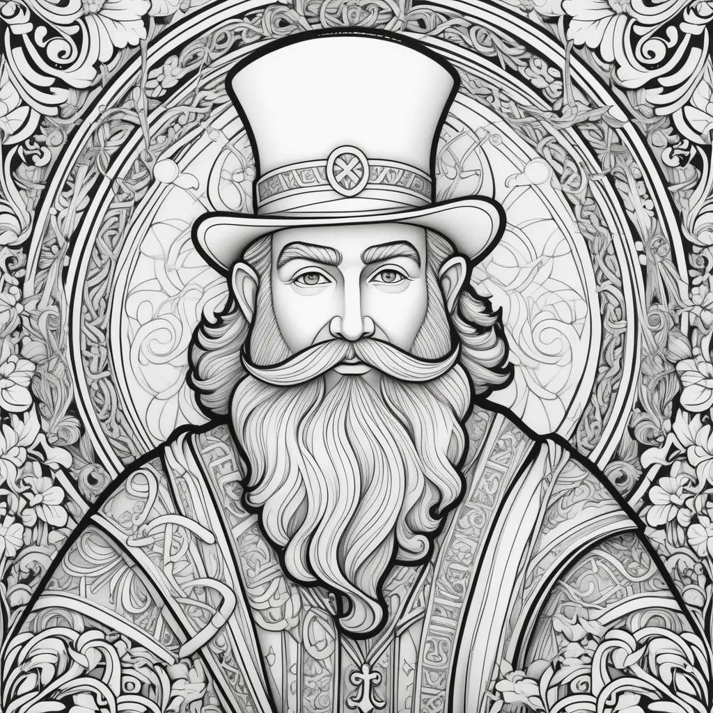 black and white coloring page of a man with a hat and beard