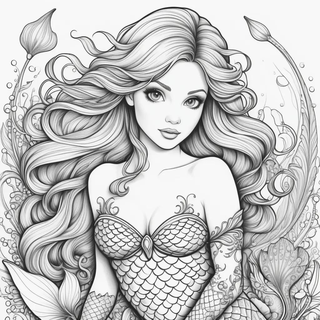 black and white coloring page of a mermaid