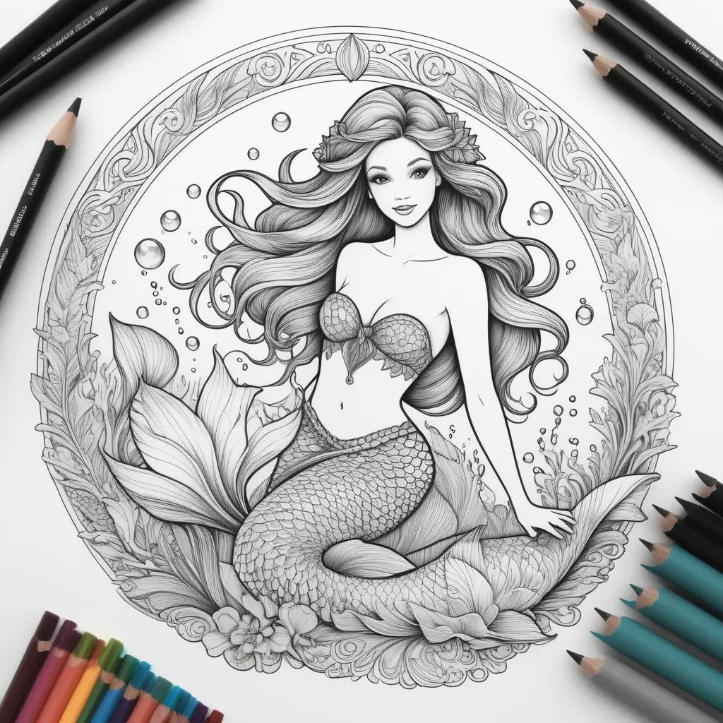 black and white coloring page of a mermaid with bubbles and a crown