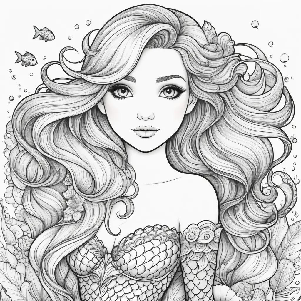 black and white coloring page of a mermaid with long hair