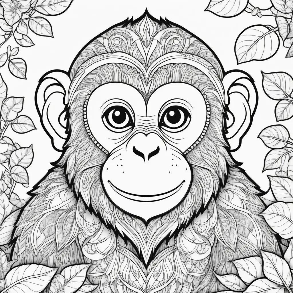 black and white coloring page of a monkey with leaves